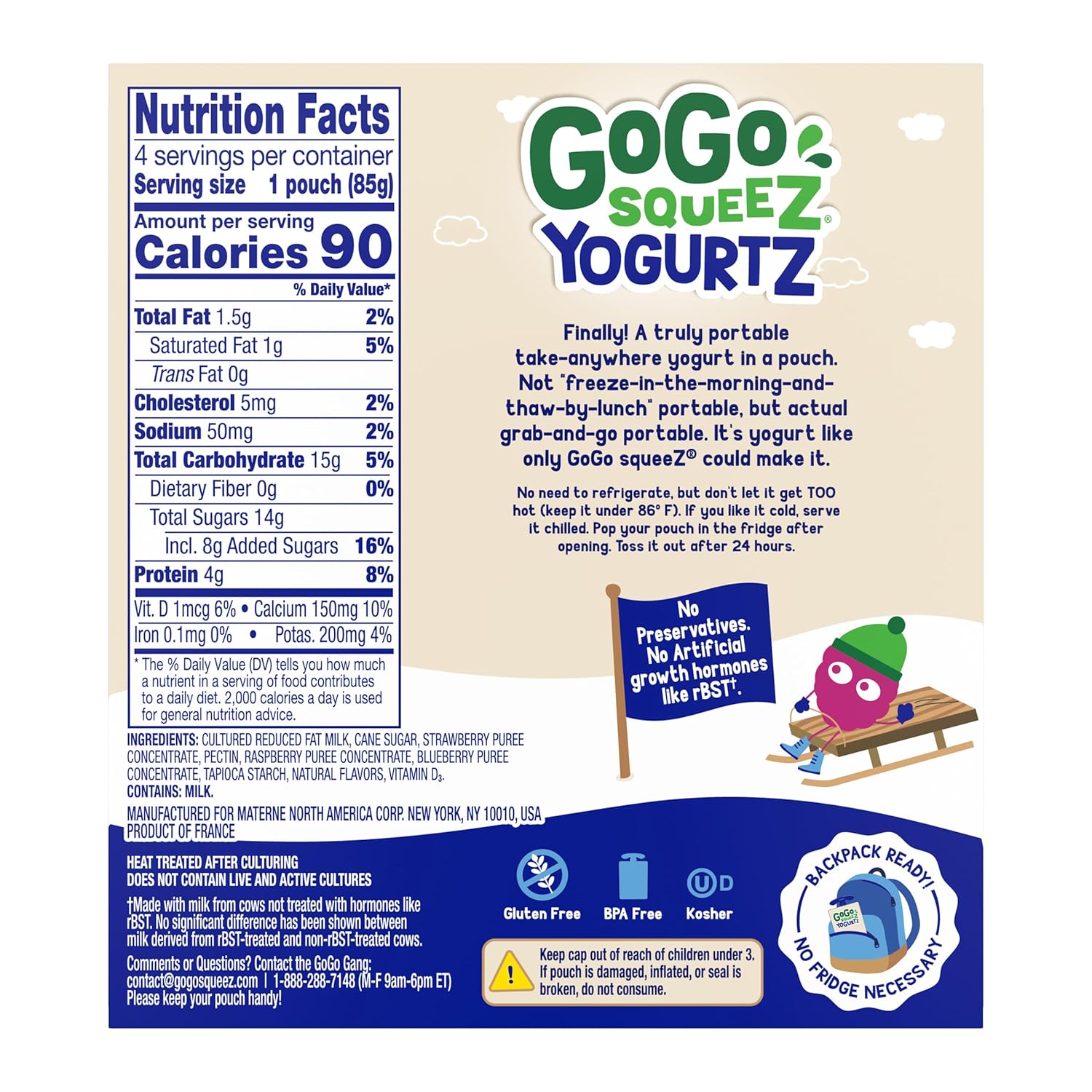 GoGo squeeZ yogurtZ Berry, 3 oz. (4 Pouches) - Kids Snacks Made from Real Yogurt and Fruit - Pantry Friendly Snack, No Fridge Needed - No Preservatives- Kosher Certified - Gluten Free Snacks for Kids
