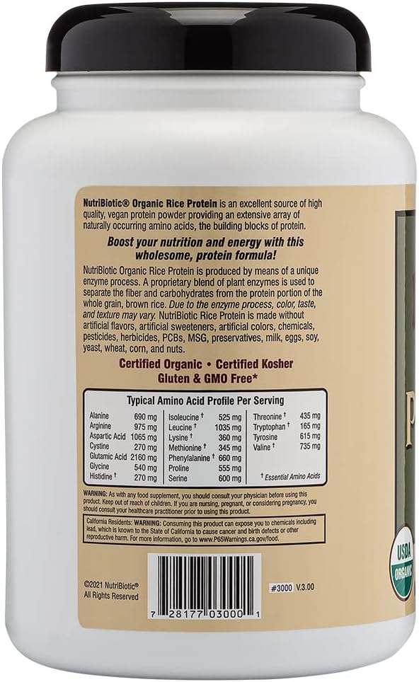 NutriBiotic Certified Organic Plain Rice Protein, 21 Ounce | Low Carbohydrate Vegan Protein Powder | Raw, Certified Kosher & Keto Friendly | Made Without Chemicals, GMOs & Gluten | Easy to Digest