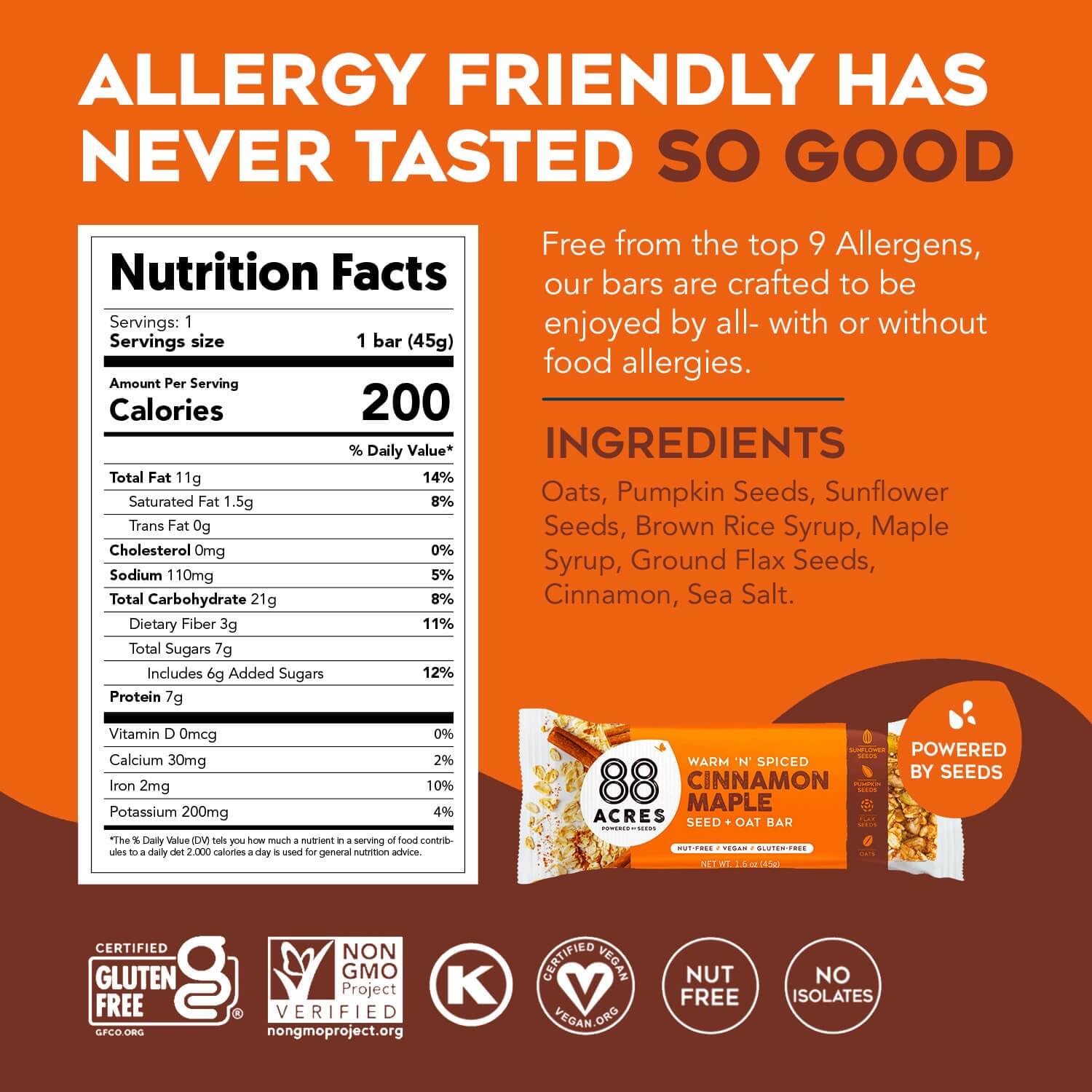 88 Acres Granola Bars, Cinnamon Maple, 12 Count, School Safe, Allergen Free Seed & Oat Snack Bar, Gluten & Nut Free, Vegan, Non-GMO & Kosher, Individually Wrapped