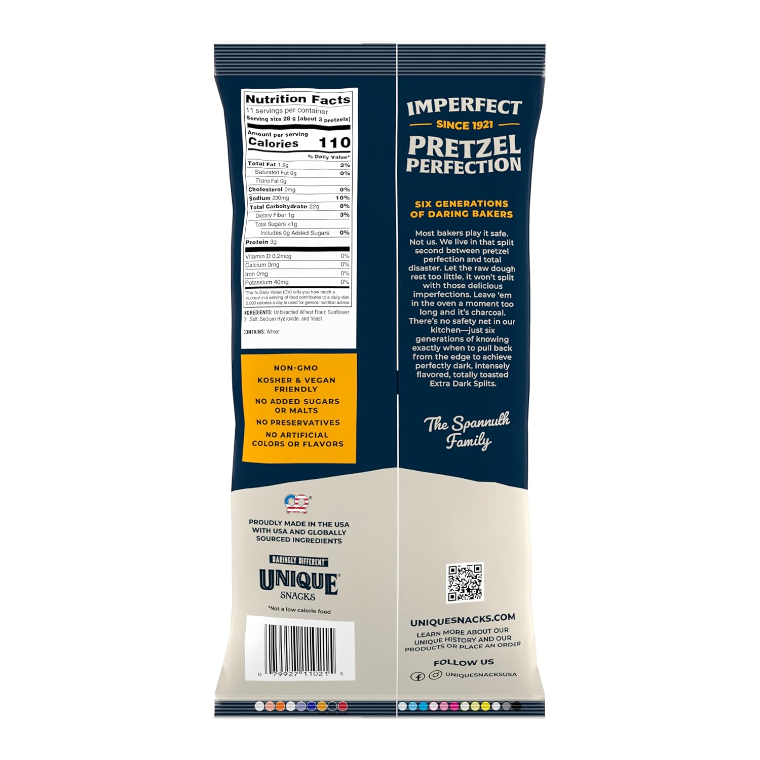 Unique Snacks Extra Dark Splits Pretzels, Original Split-Open Pretzels, Delicious Homestyle Baked Snack Bag, Vegan, OU Kosher, and Non-GMO Food, No Artificial Flavor, 11 Oz. Bag, Pack of 12