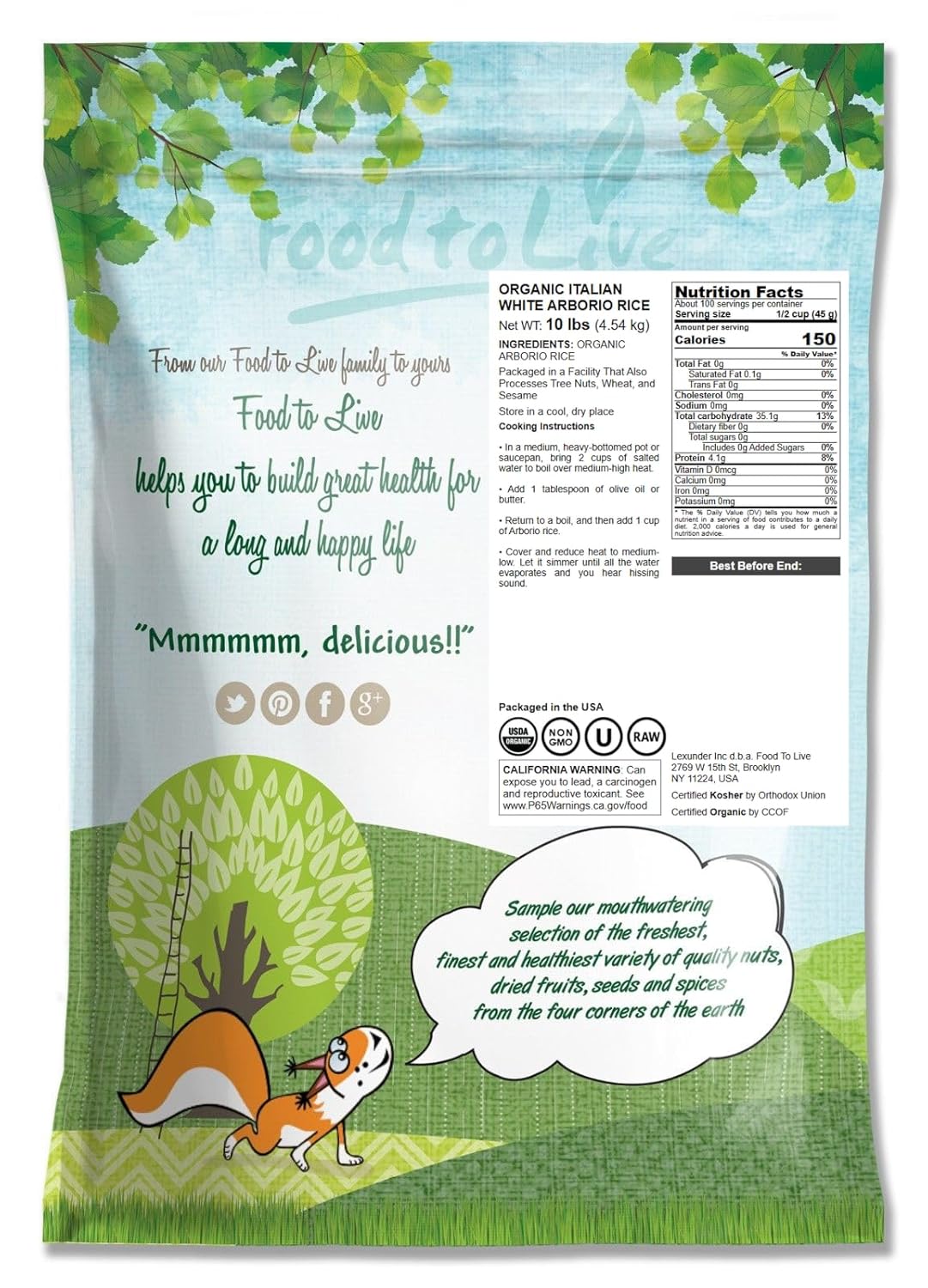 Food to Live Organic Italian Arborio Rice, 10 Pounds Non-GMO, Short-Grain White Rice Variety, Superfino, Vegan, Kosher, Bulk. Creamy Texture. Ideal for Creamy Risotto