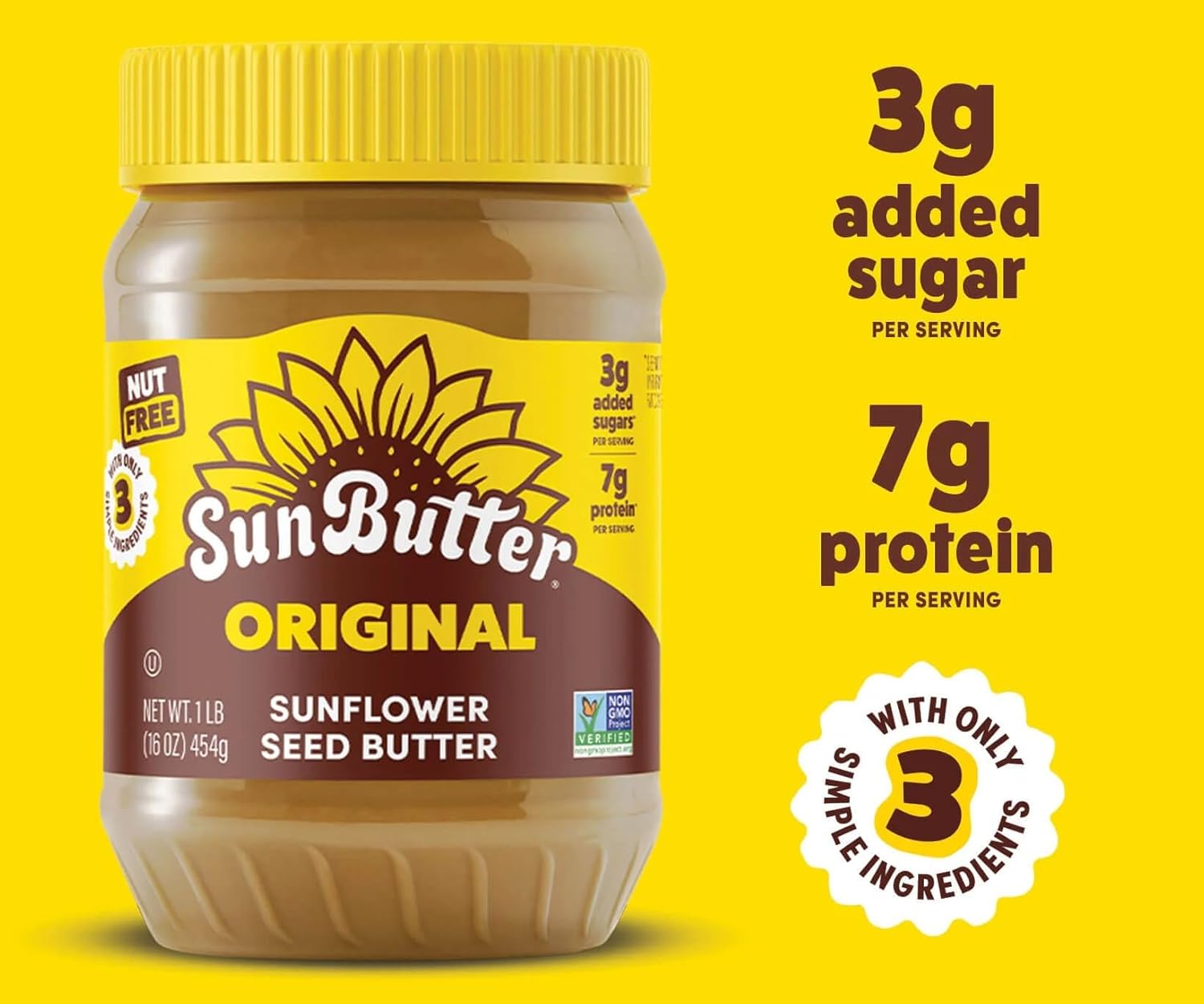 SunButter Original Sunflower Seed Butter, 16 oz Nut-Free Spread with 7g Plant-Based Protein, Roasted Rich & Savory Flavor, Smooth Texture | Vegan, Kosher & Non-GMO