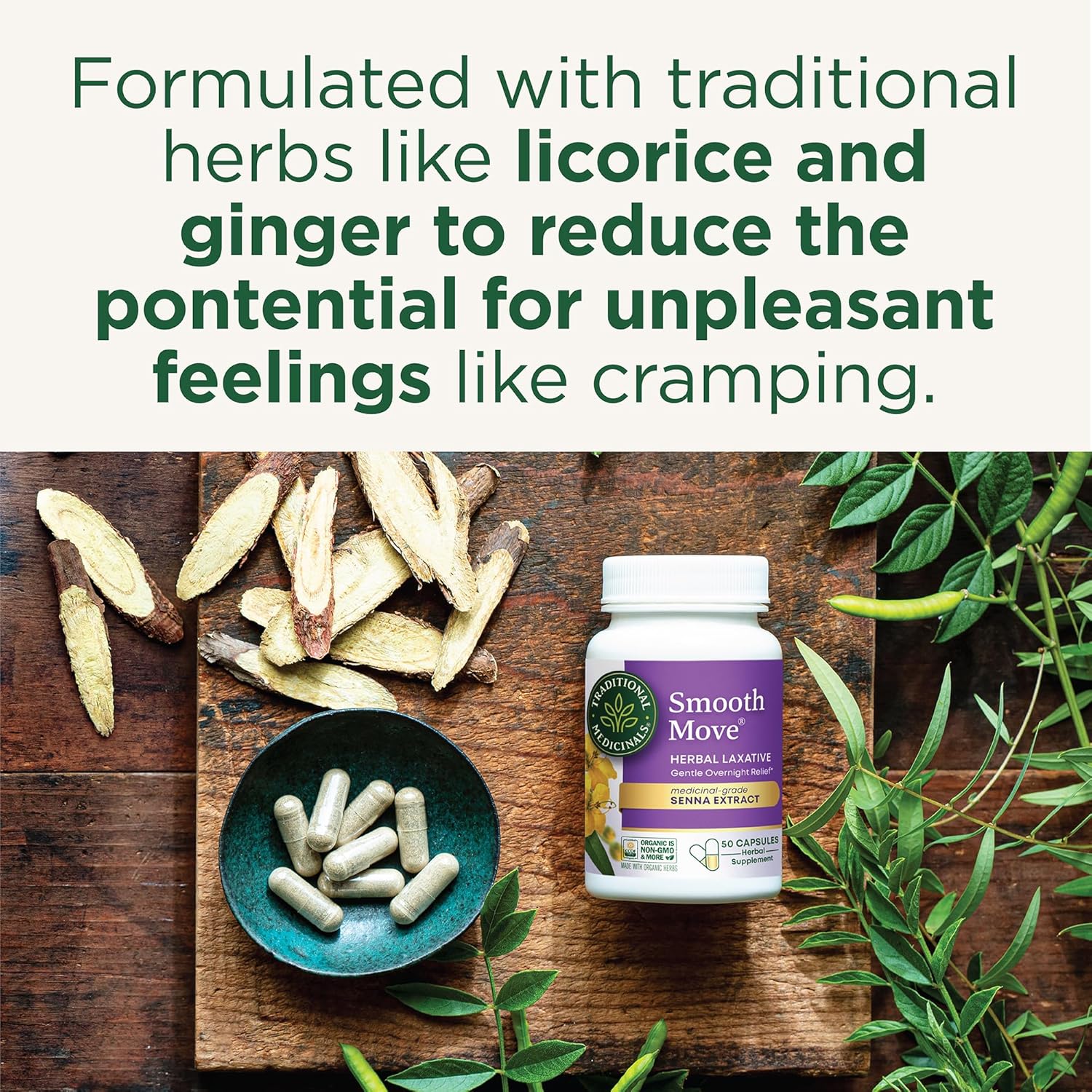 Traditional Medicinals Organic, Smooth Move Laxative Capsules - Organic Senna & Licorice Laxatives for Constipation - Kosher, Non-GMO, Stimulant-Free - 50 Capsules