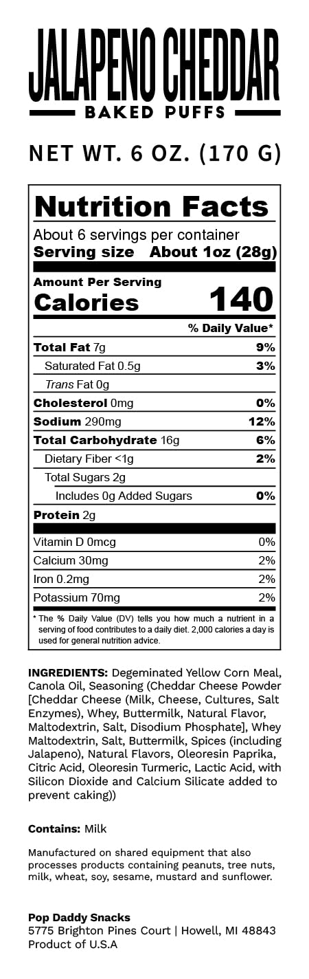 Pop Daddy Jalapeno Cheddar Baked Puffs, 6oz Cheese Puffs Snacks, Gluten-Free Friendly and Kosher, 3 Pack