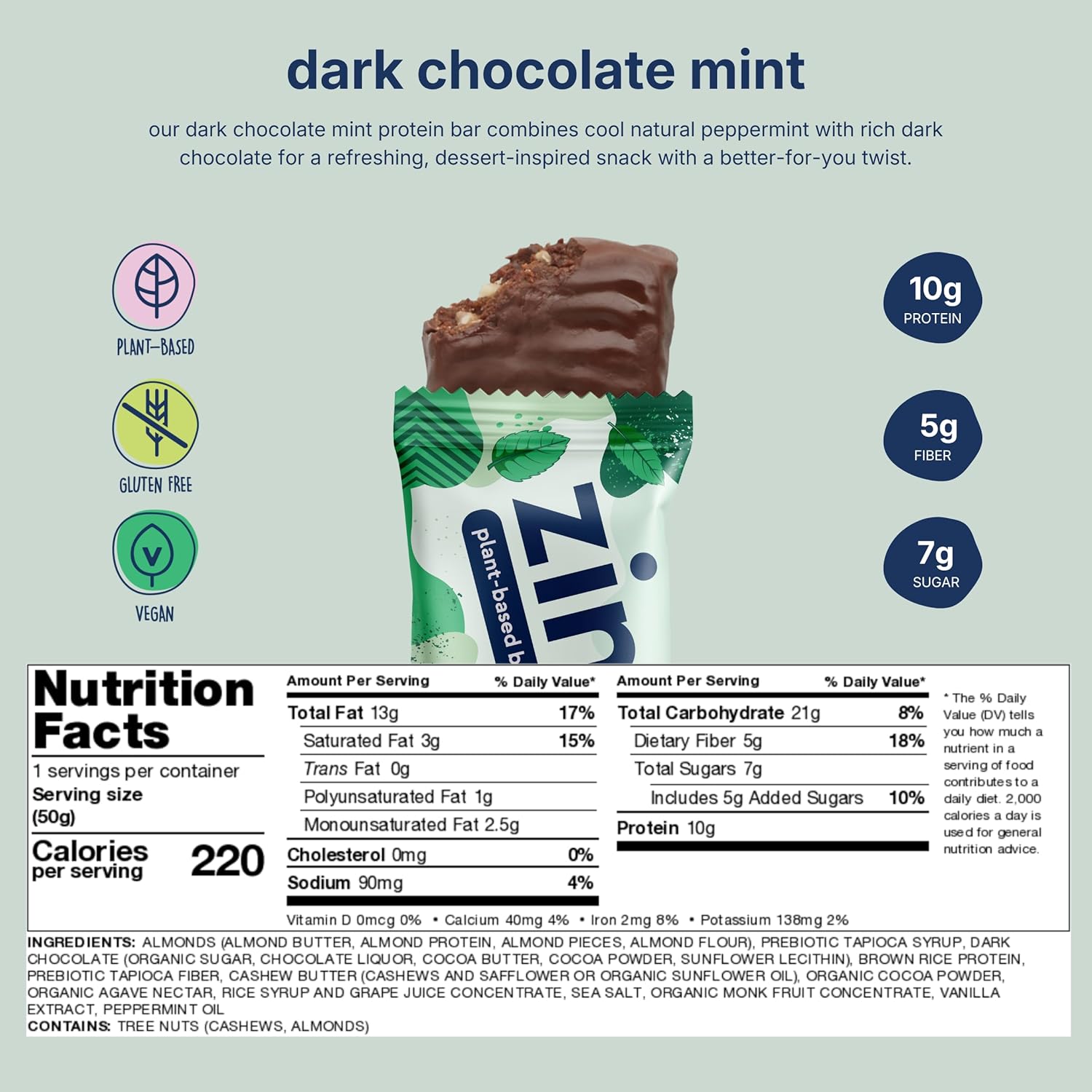 Zing Dark Chocolate Mint Vegan Protein Bars, Gluten Free with High Protein, High Fiber, Dairy Free Nutrition Bars, Plant Based Protein, Kosher, Low Sugar, No Sugar Alcohols - 12 count