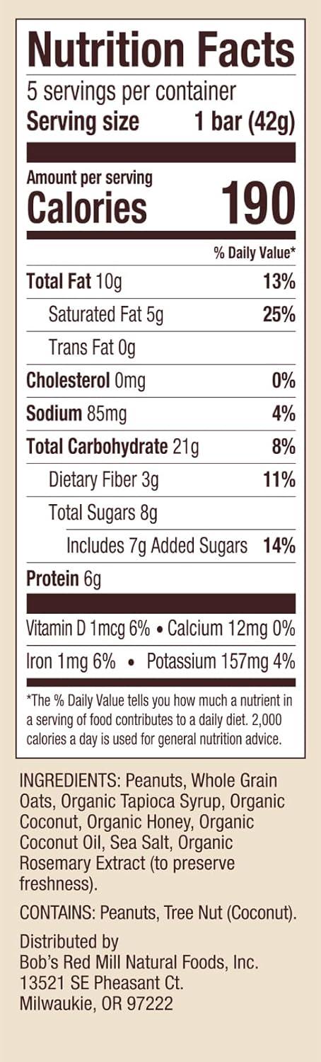Bob’s Red Mill 5pk PB Coconut & Oats Bar, 5 bars (Pack of 2) – Non GMO, Gluten Free, Kosher