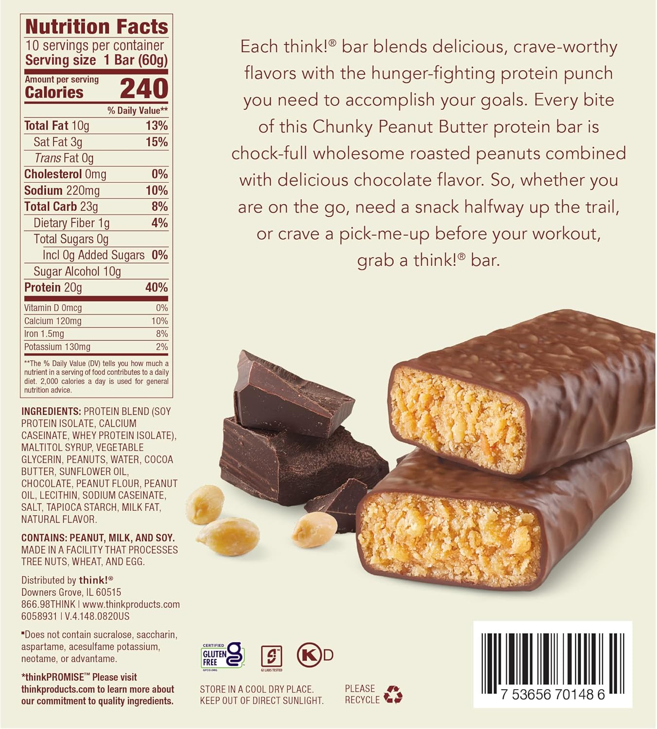 think! Protein Bars, High Protein Snacks, Gluten Free, Kosher Friendly, Chunky Peanut Butter, Nutrition Bars, 2.1 Oz per Bar, 10 Count (Packaging May Vary)