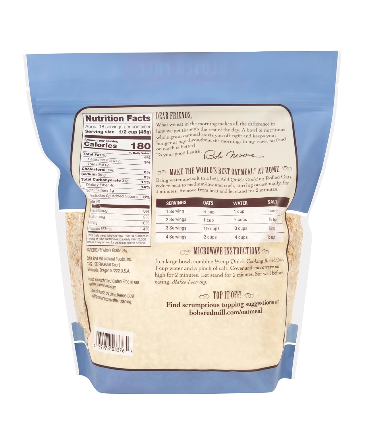 Bob's Red Mill Gluten Free Quick Cooking Rolled Oats, 28oz (Pack of 8) - Non GMO, Whole Grain, Vegan, Kosher