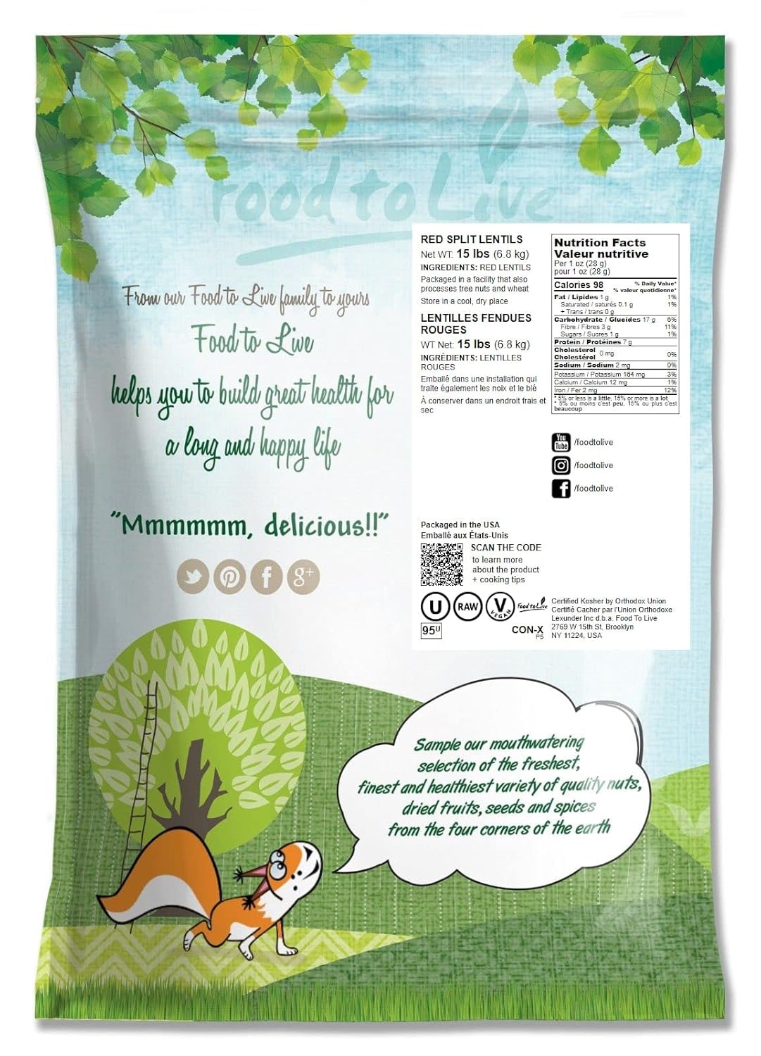 Food to Live Red Split Lentils, 15 Pounds u2013 Masoor Dal, Dried, Vegan, Kosher, Bulk. Easy to Cook. No Soaking Required. Good Source of Dietary Fiber, Vitamin B, Protein.