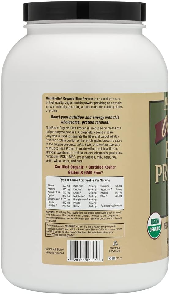 NutriBiotic Certified Organic Rice Protein Plain, 3 Pound | Low Carbohydrate Vegan Protein Powder | Raw, Certified Kosher & Keto Friendly | Made Without Chemicals, GMOs & Gluten | Easy to Digest