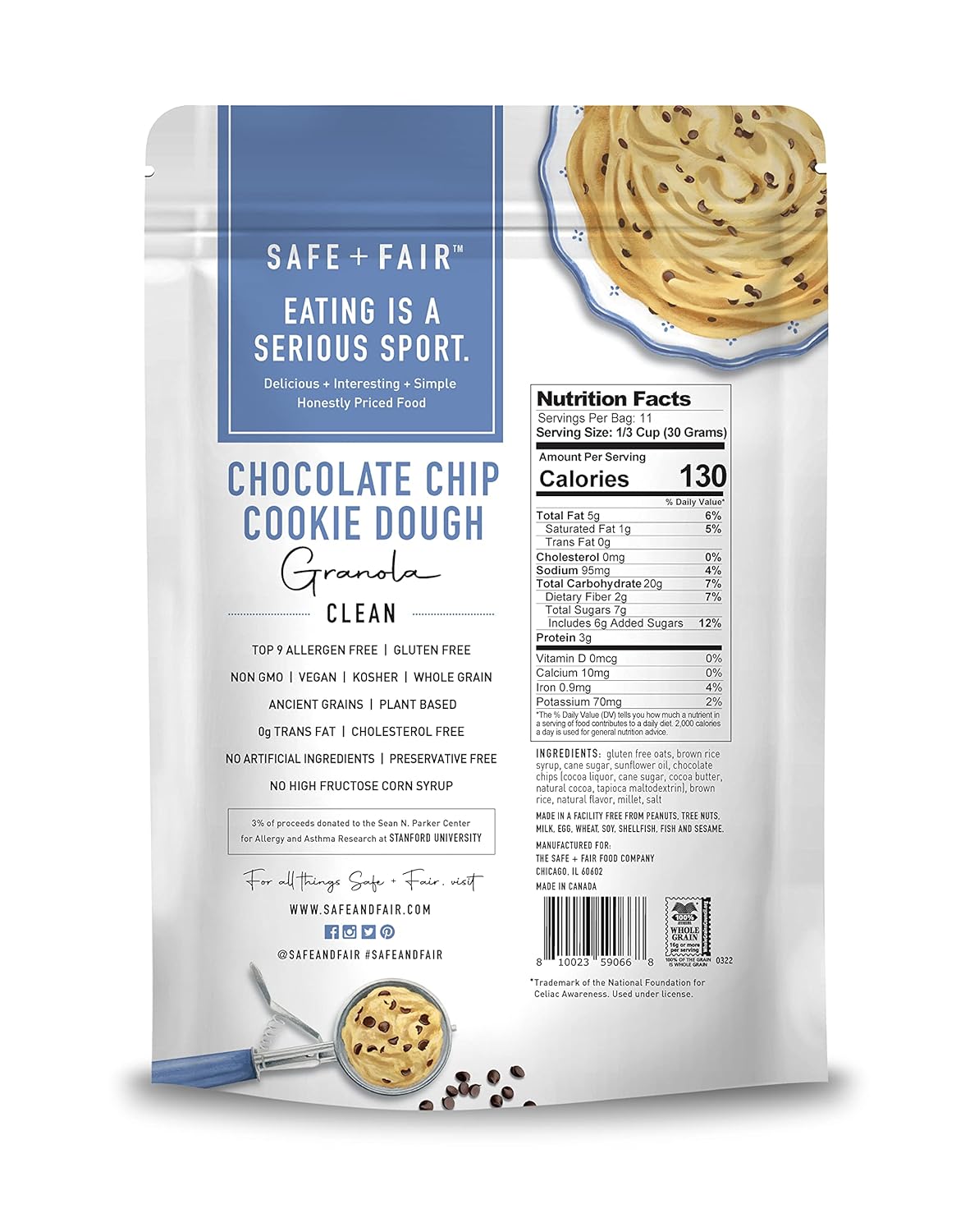 Safe + Fair Chocolate Chip Cookie Dough Granola u2013 Gluten-Free, Dairy-Free & Vegan Snack u2013 Allergen-Free, Non-GMO, and No Artificial Ingredients u2013 12oz Pack, 6 Pack