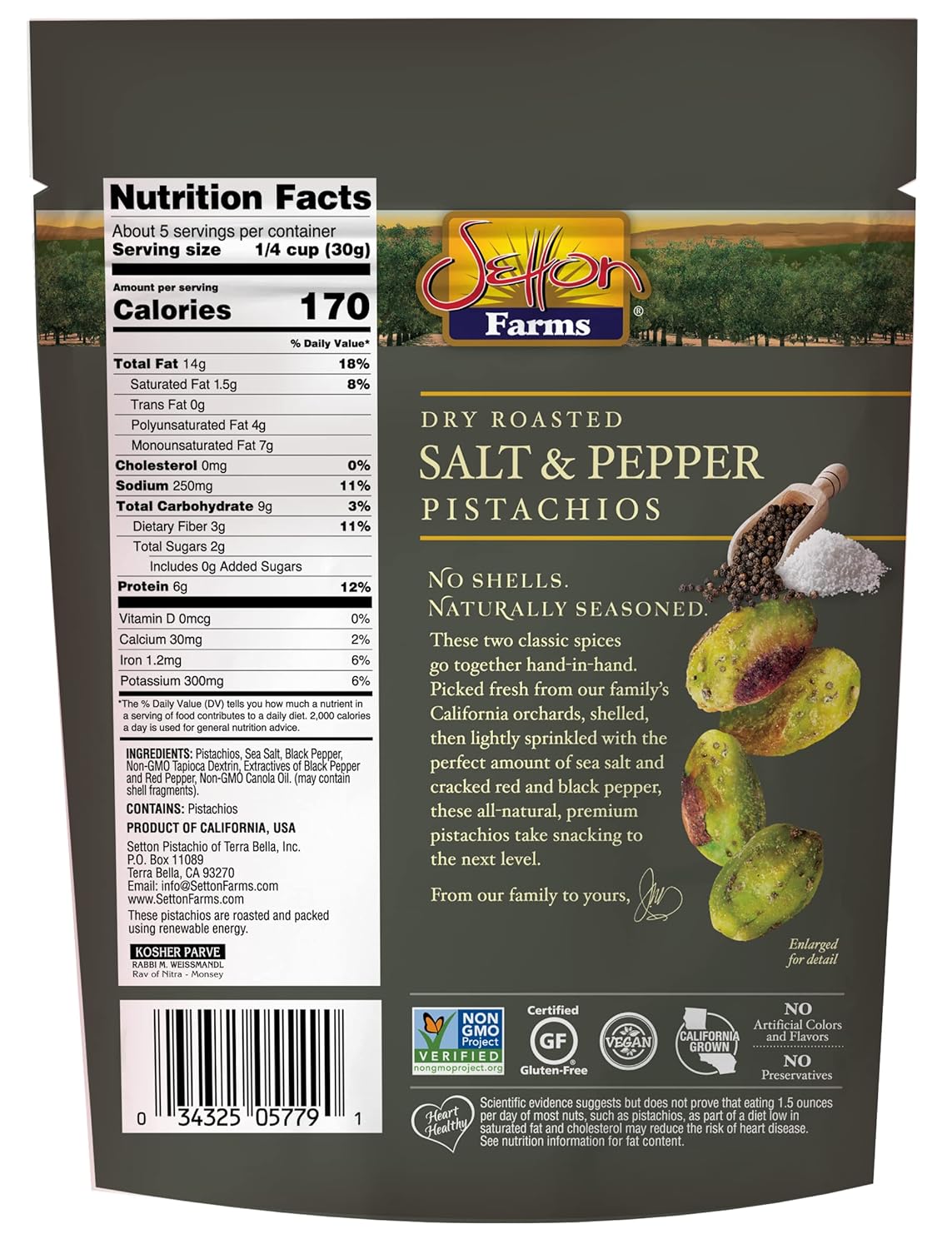 Setton Farms Naturally Seasoned Pistachio Kernels, Salt and Pepper, No Shell Pistachios, Certified Non-GMO, Gluten Free, Vegan and Kosher, 5 oz Resealable Pouch (Pack of 4)