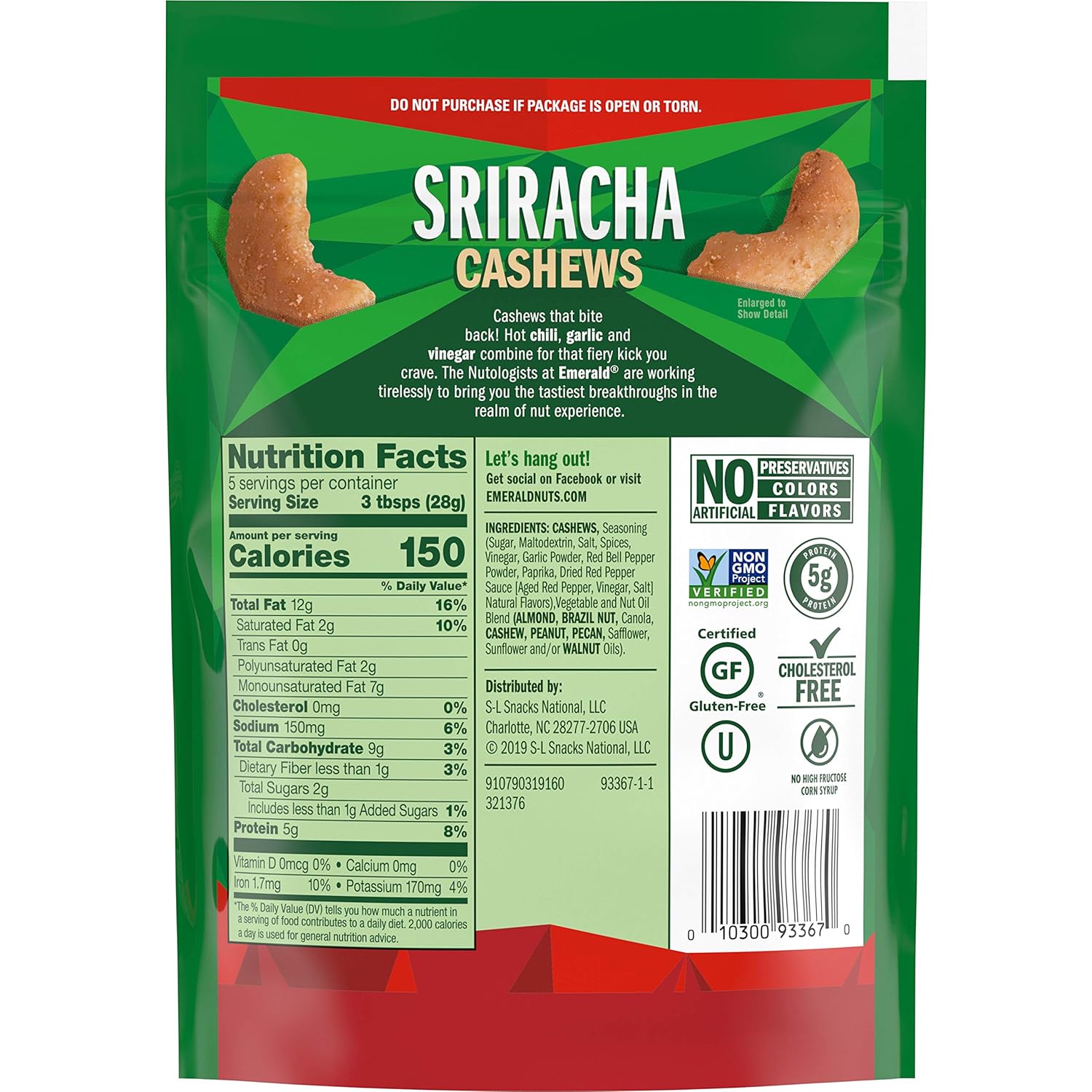 Emerald Nuts Sriracha Seasoned Cashews (2-Pack) | 5 Oz Resealable Bag | Kosher Certified, Non-GMO, Contains No Artificial Preservatives, Flavors or Synthetic Colors