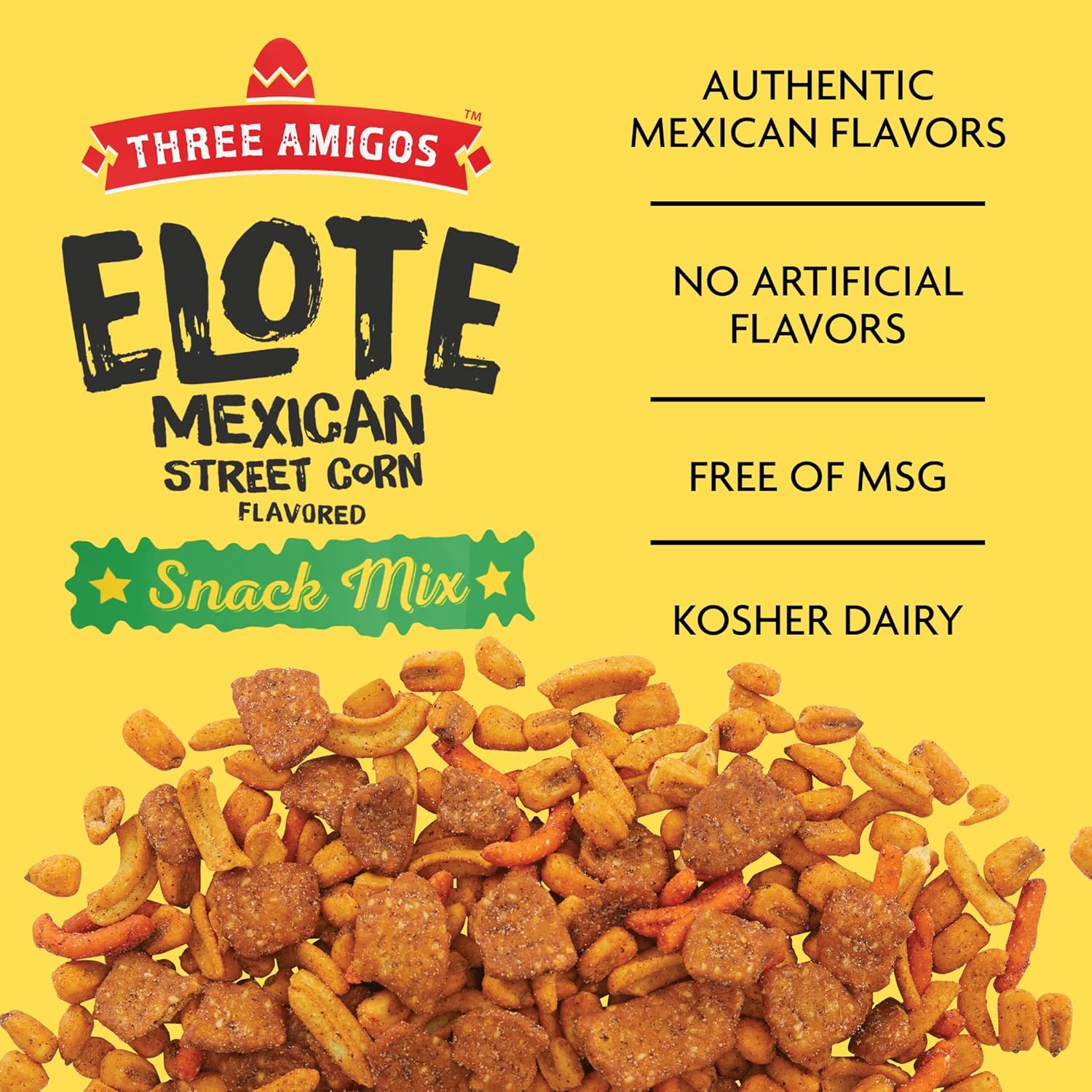 Three Amigos - Elote Mexican Street Corn Snack Mix- Deliciously Crunchy, Tangy, Hot, Sweet & Spicy Snacks - Gourmet Roasted Variety Food Snacks for Adults and Kids (ELOTO MIX 7 oz. 6 Pack)