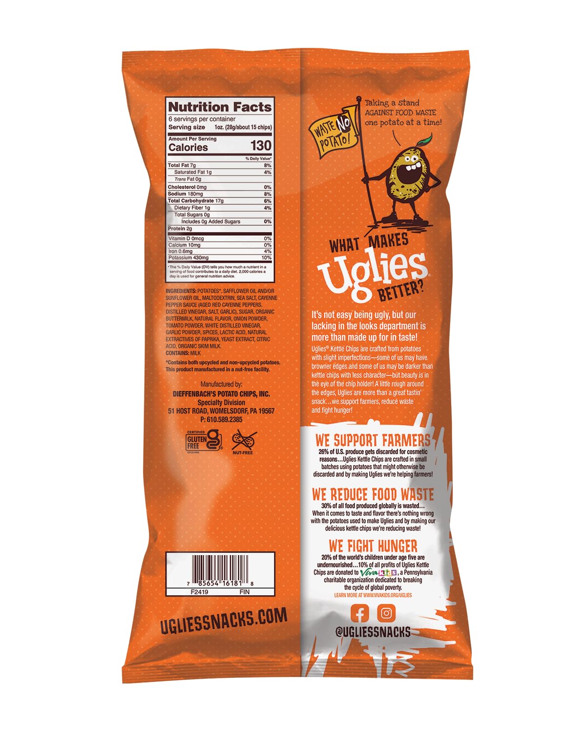 Uglies Buffalo Ranch Kettle-Cooked Potato Chips, Gluten-Free Snacks, Kosher-Friendly, Non-GMO Snacks for Kids or Office, 6 Oz. Bags, Pack of 12