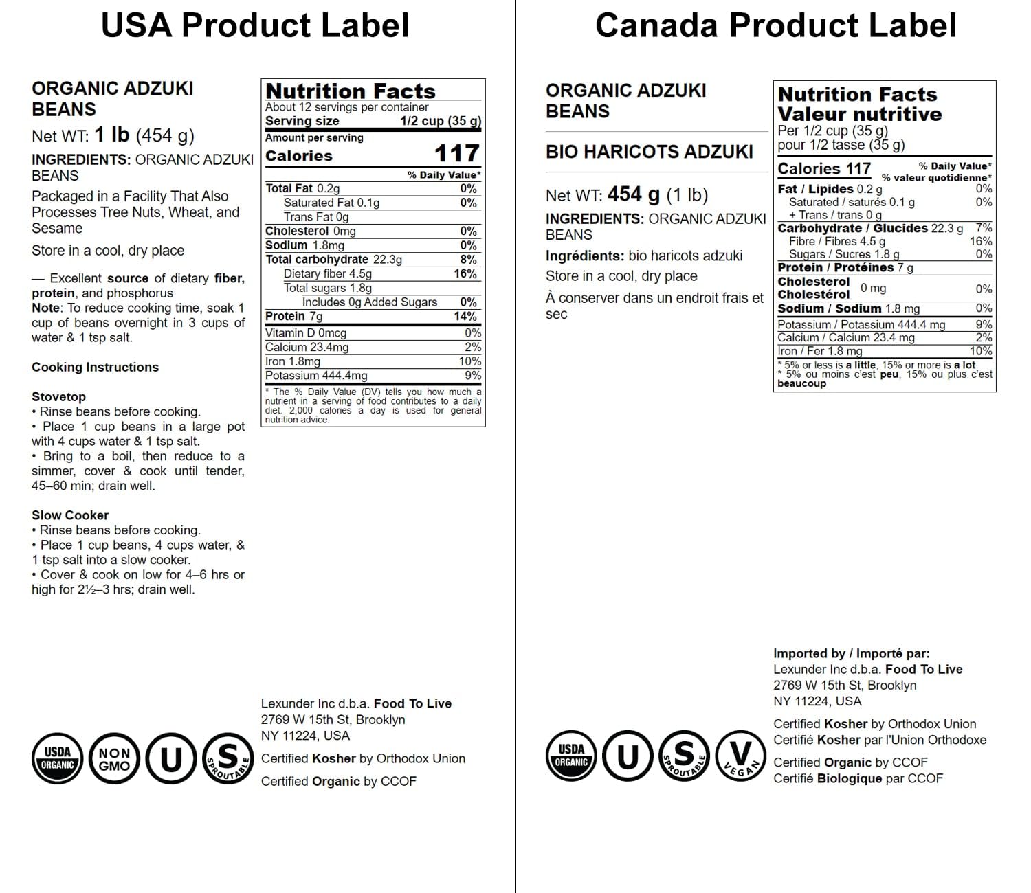 Food to Live Organic Adzuki Sprouting Beans, 1 Pound u2013 Whole Raw Dried Azuki Beans (Red Mung Beans), Non-GMO, Kosher, and Vegan, Bulk Organic Beans (Pack of 2)