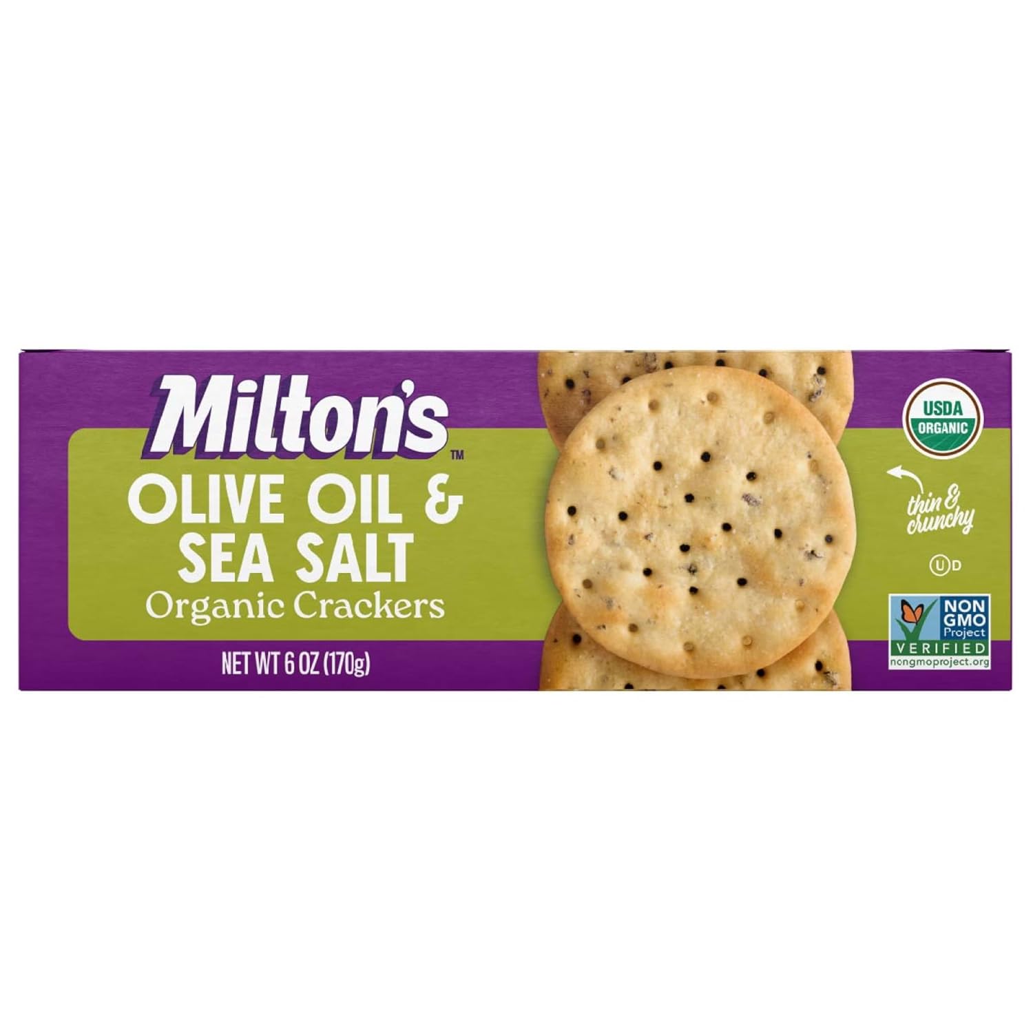 Milton's Organic Crackers, Olive Oil & Sea Salt - Certified Organic, Non-GMO Project Verified, Kosher, Made With Authentic Black Olives, Great for Charcuterie Boards - 6 Oz (Pack of 2)