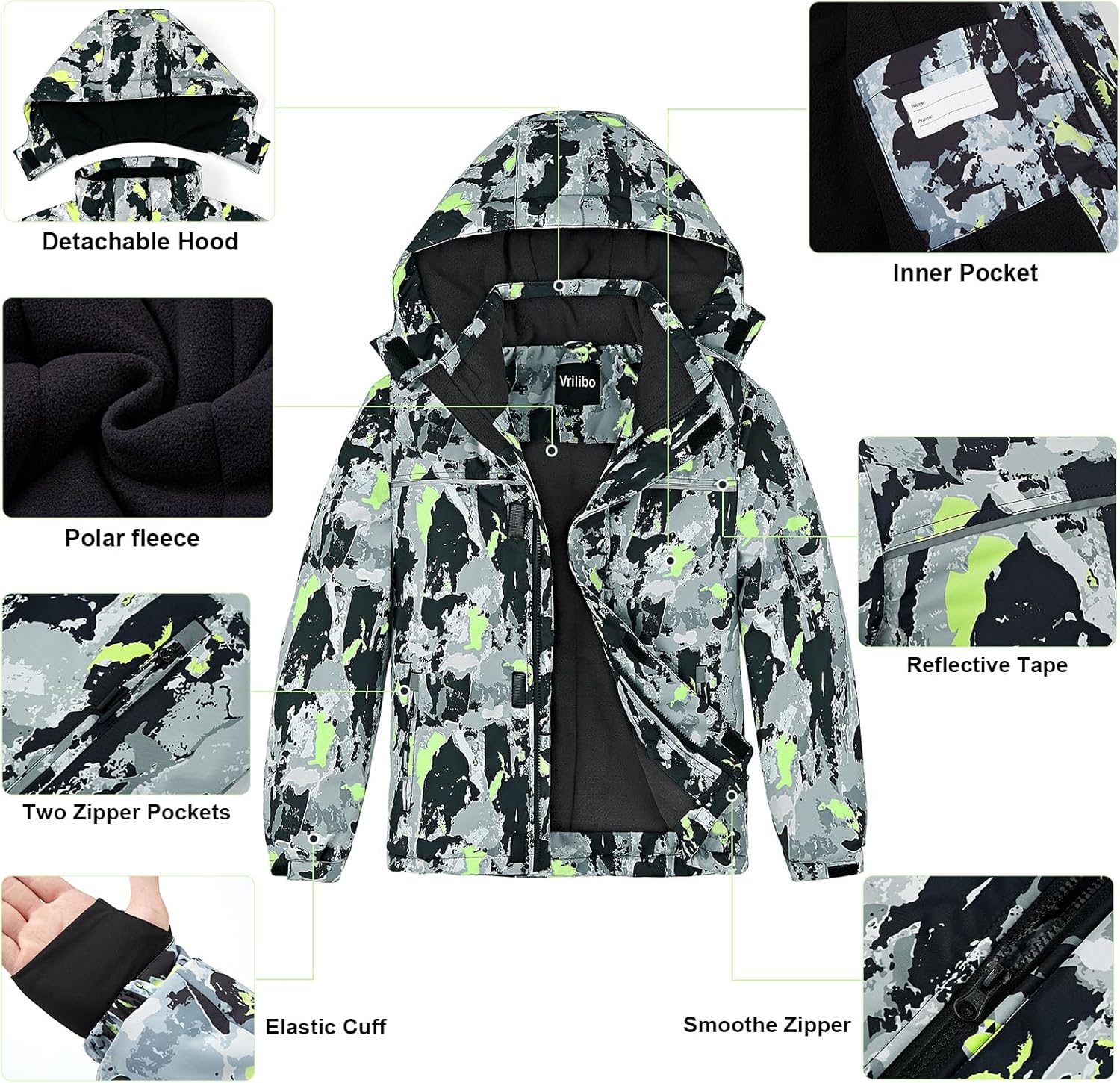 Vrilibo Boys Waterproof Ski Jacket Winter Warm Thick Snow Coat Fleece Lined Kids Outdoor Hooded Snowboard Jacket - Image 3