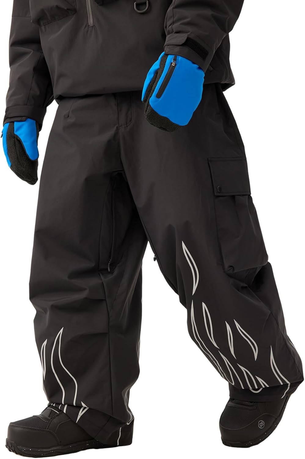 GSOU SNOW Men Baggy Snowboard Pants Women Snow Pants Waterproof Cargo Snowboarding Ski Pants with Reflective Flame Graphic