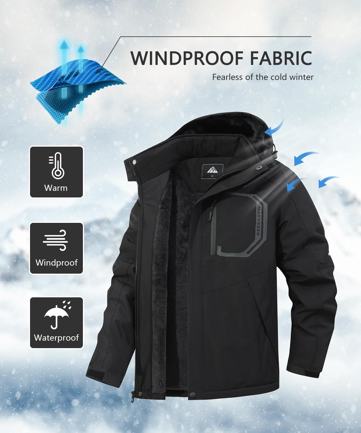 MAOYSSEN Men's Ski Jacket with Hooded Snowboarding Waterproof Fleece Lining Jacket Winter Coat Multi Pockets