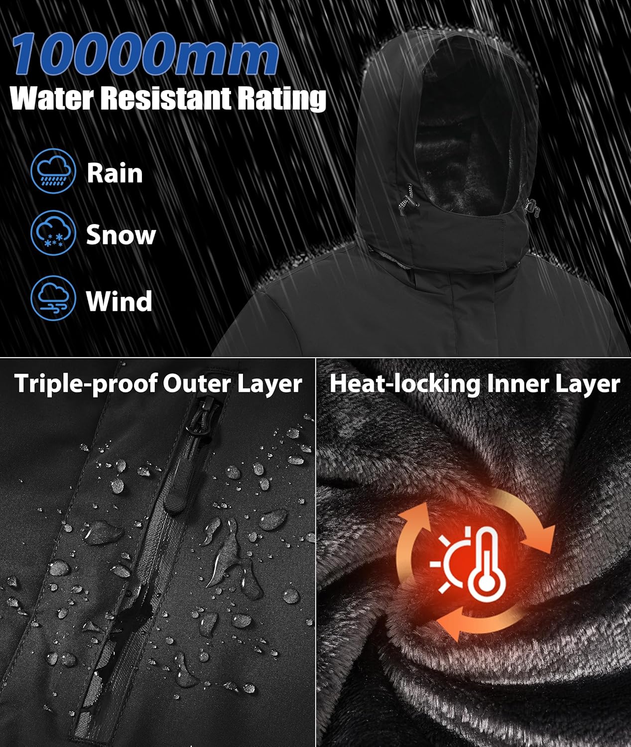 Buyboxs Mens Winter Snow Jacket Waterproof Ski Jackets Snowboard Rain Warm Coat Insulated Hood Fleece Lined