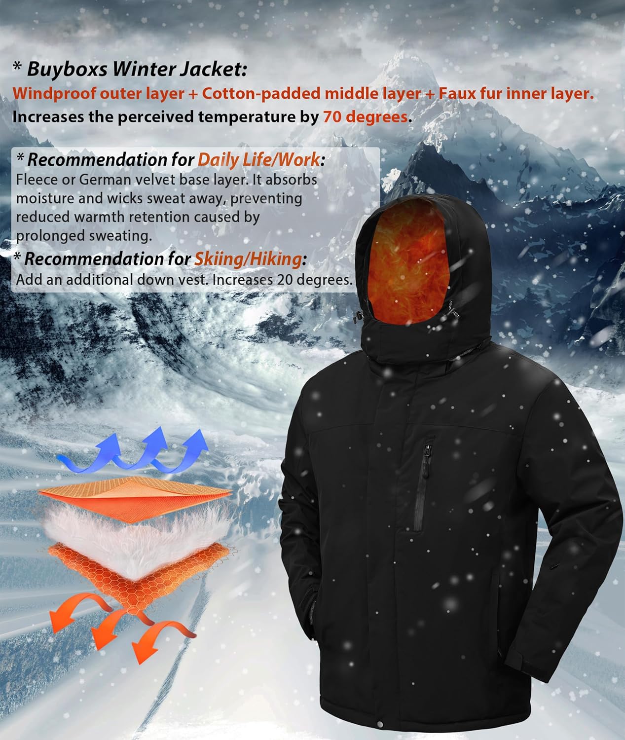 Buyboxs Mens Winter Snow Jacket Waterproof Ski Jackets Snowboard Rain Warm Coat Insulated Hood Fleece Lined - Image 3