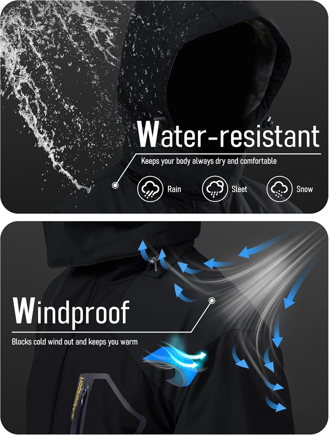 MAGCOMSEN Men's Winter Coats Water Resistant Ski Snow Jacket Warm Fleece Jacket Parka Raincoats With Hood Multi-Pockets