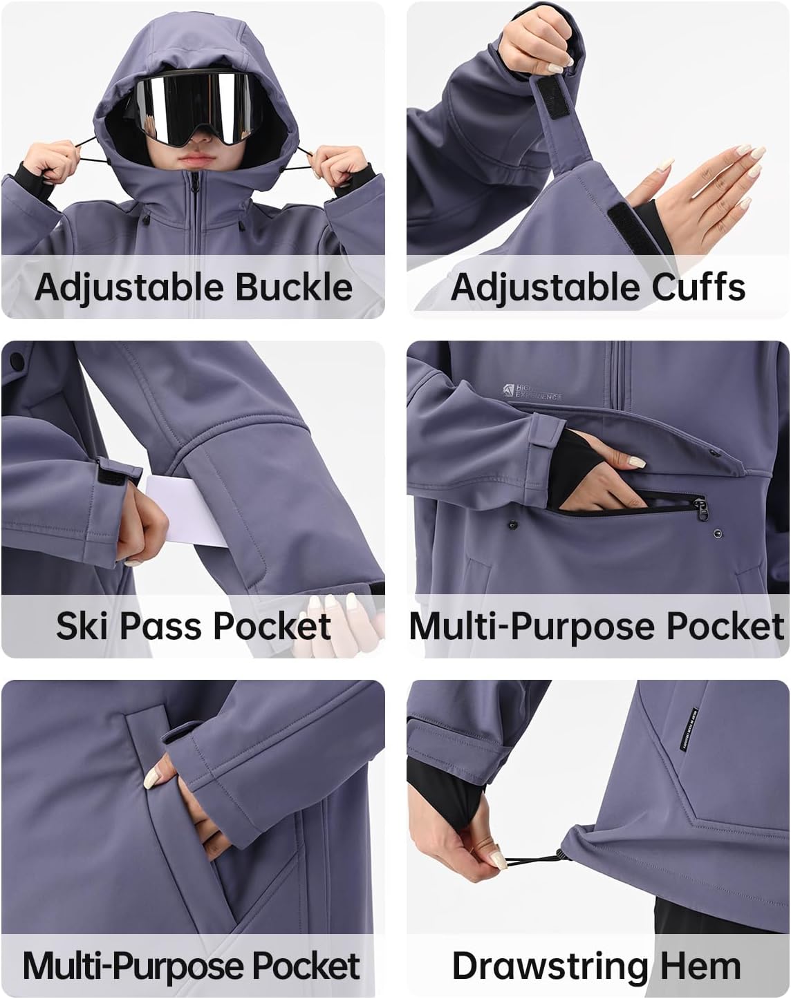 HIGH EXPERIENCE Ski Hoodie Snowboard Pullover Jacket Snow Anarok Baggy Waterproof Windproof Insulated for Women Men - Image 4