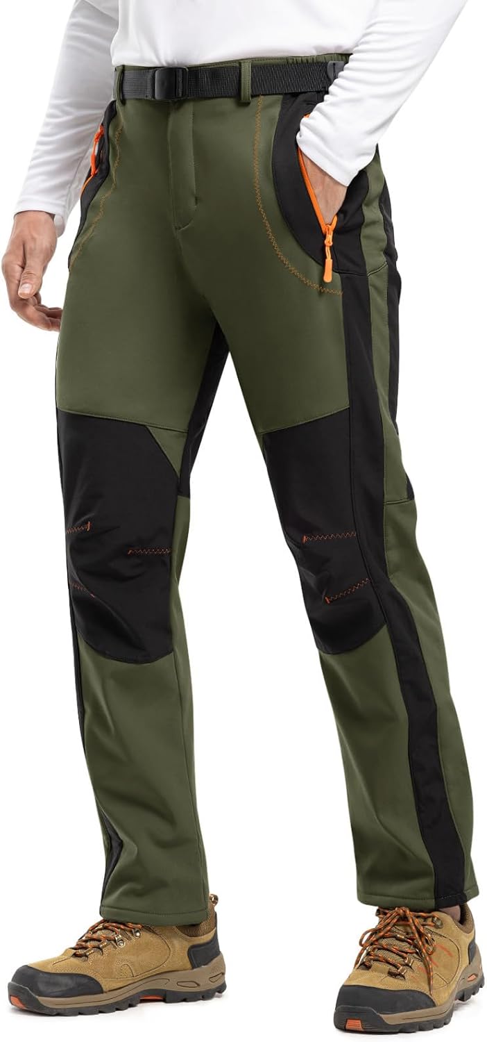 TBMPOY Men’s Snow Ski Hiking Pants Waterproof Winter Fleece Lined Pants Camping Skiing Ice Fishing Pants with Belt