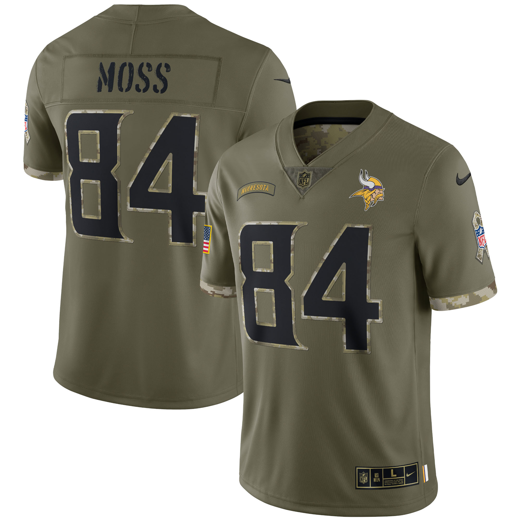 Randy Moss Minnesota Vikings 2022 Salute To Service Retired Player Limited Jersey – Olive