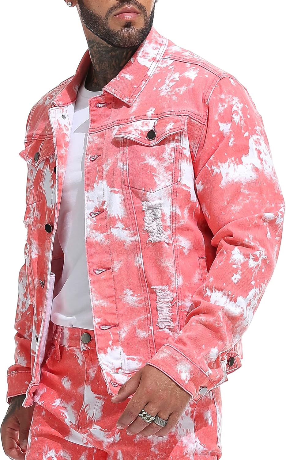 RANMCC Jean Jacket for Men Slim Fit Ripped Denim Jacket Coat