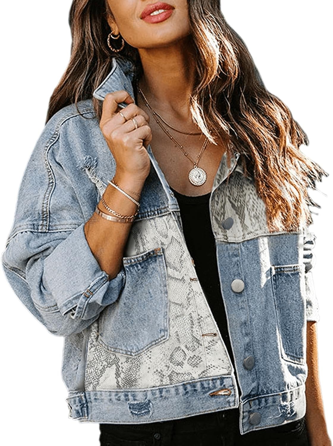 RINTONIX Womens Button Down Distressed Leopard Denim Jean Jacket Washed Long Sleeve Ripped Cheetah Jean Coat