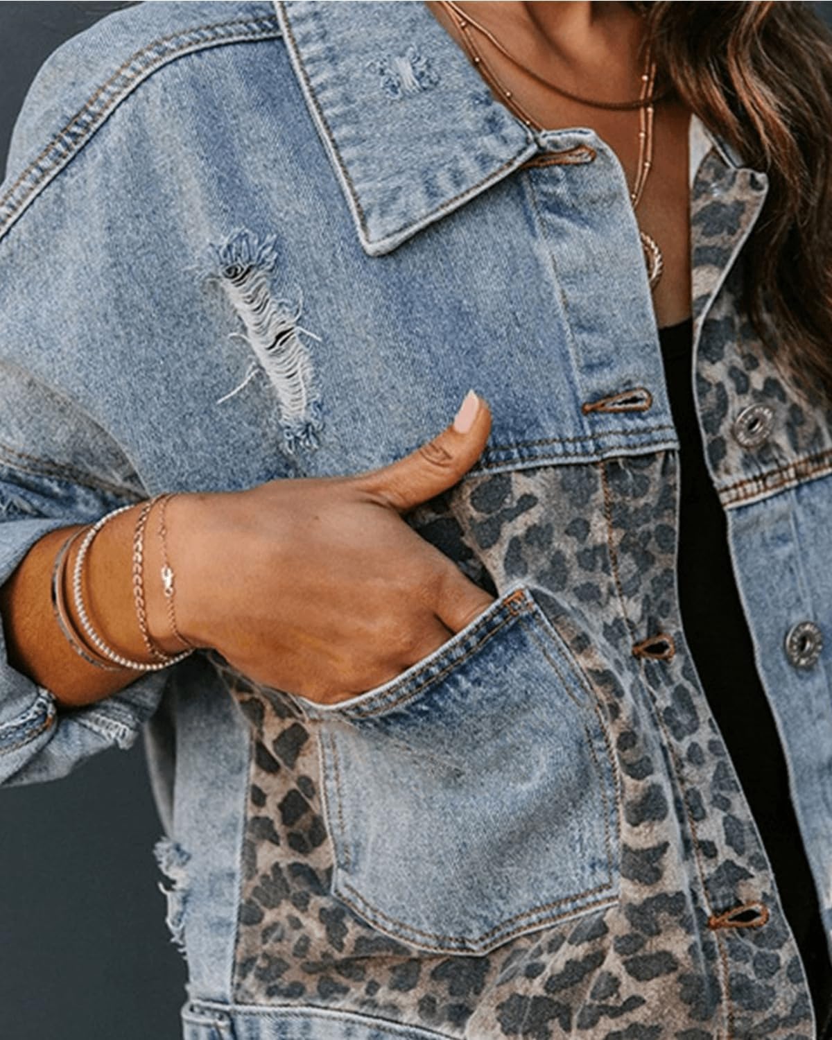 RINTONIX Womens Button Down Distressed Leopard Denim Jean Jacket Washed Long Sleeve Ripped Cheetah Jean Coat