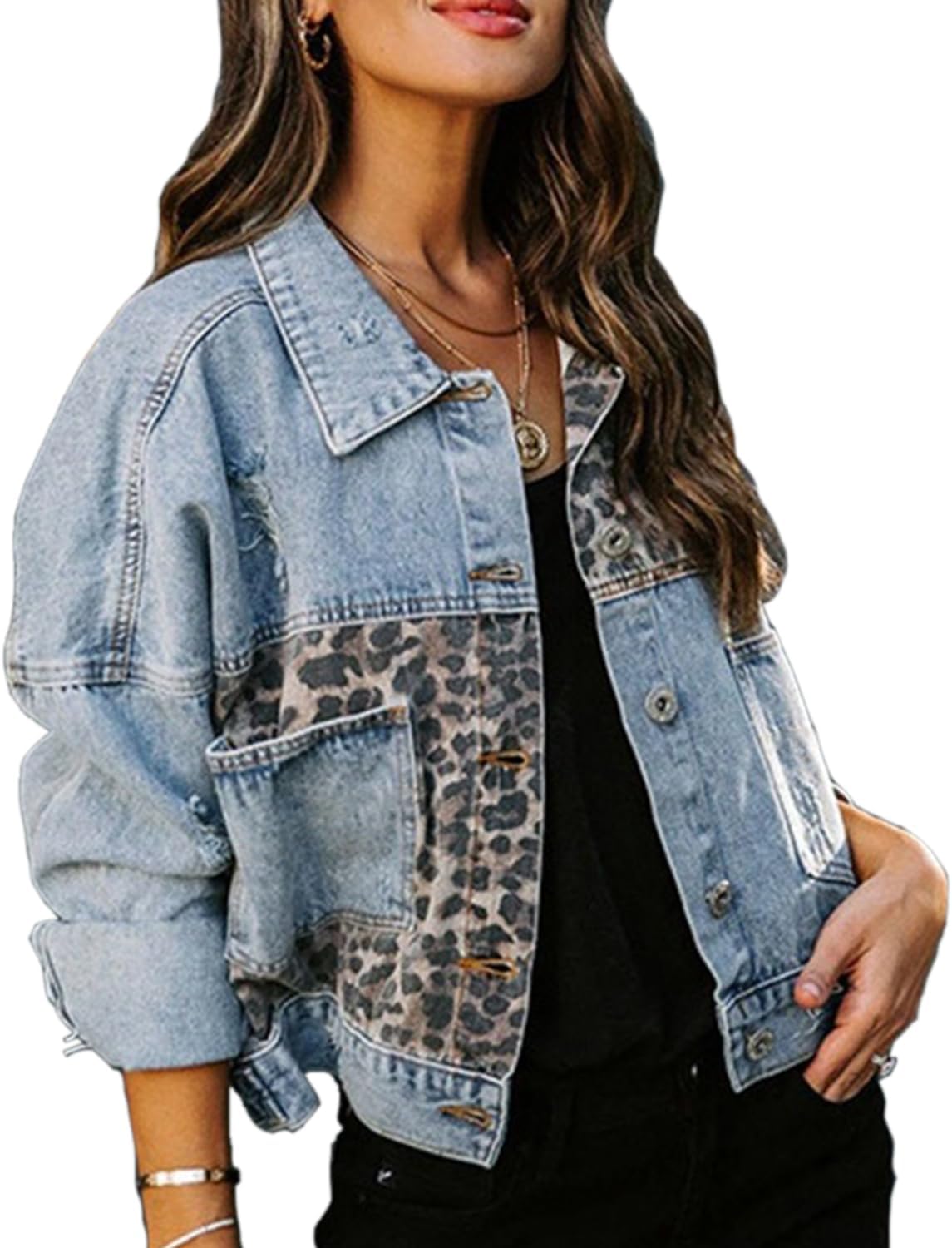 RINTONIX Womens Button Down Distressed Leopard Denim Jean Jacket Washed Long Sleeve Ripped Cheetah Jean Coat