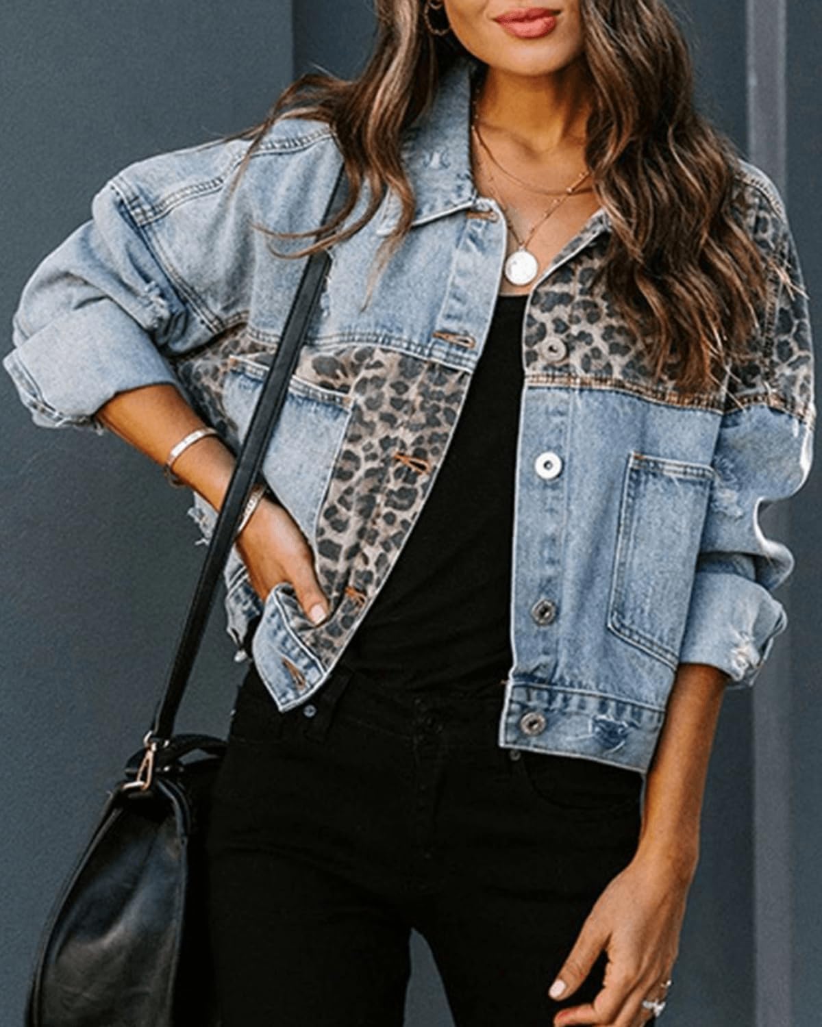 RINTONIX Womens Button Down Distressed Leopard Denim Jean Jacket Washed Long Sleeve Ripped Cheetah Jean Coat