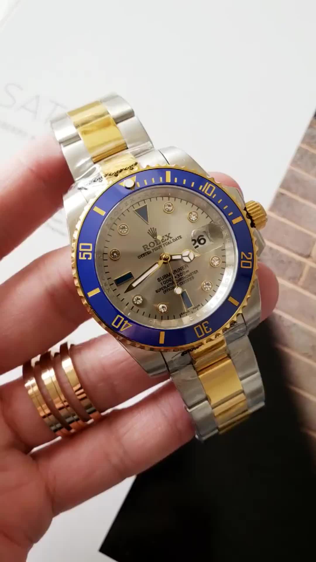 ROLEX SUBMARINER TWOTONE WATCH MENS WHITE MOP DIAMOND SAPPHIRE DIAL BLUE INSERT