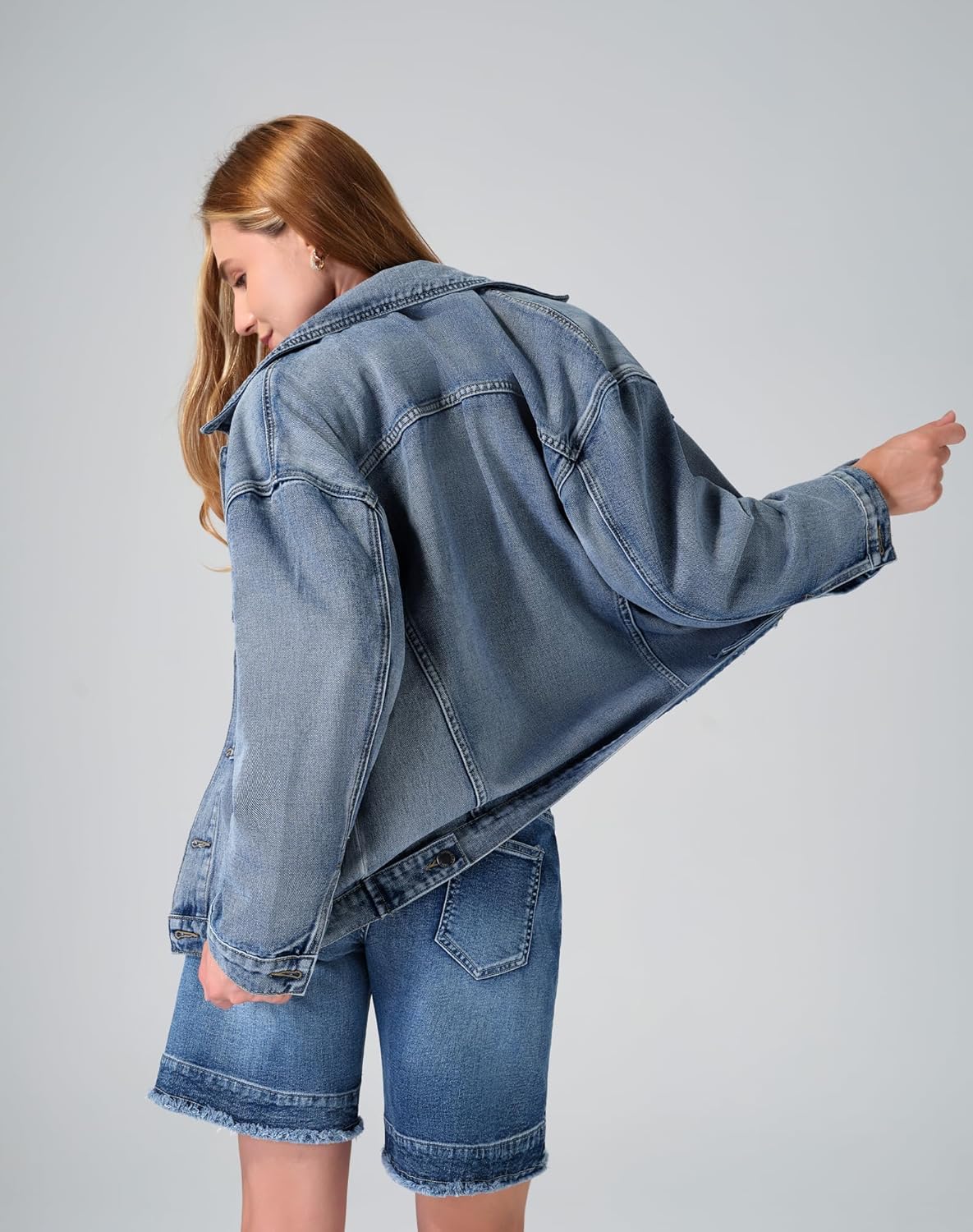 roswear Denim Jacket Coat for Women with Flap Chest Pockets Casual Oversized Jean Jackets