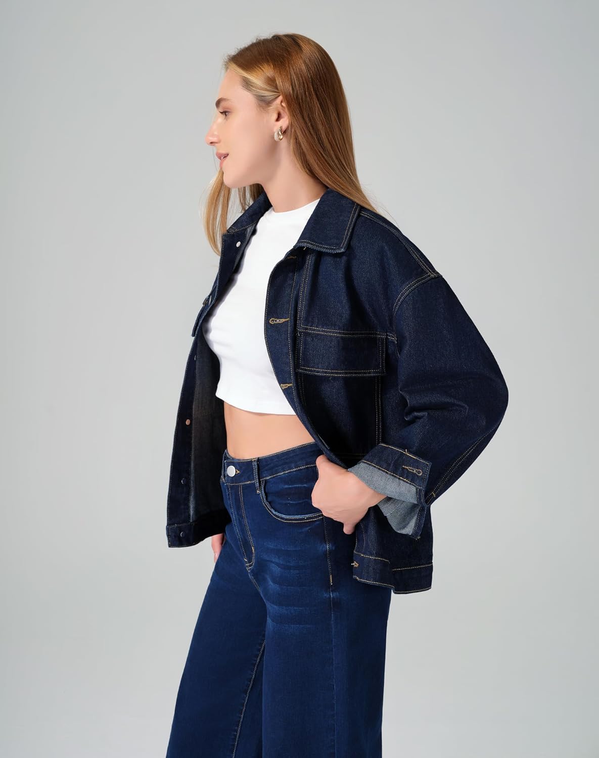 roswear Denim Jacket Coat for Women with Flap Chest Pockets Casual Oversized Jean Jackets