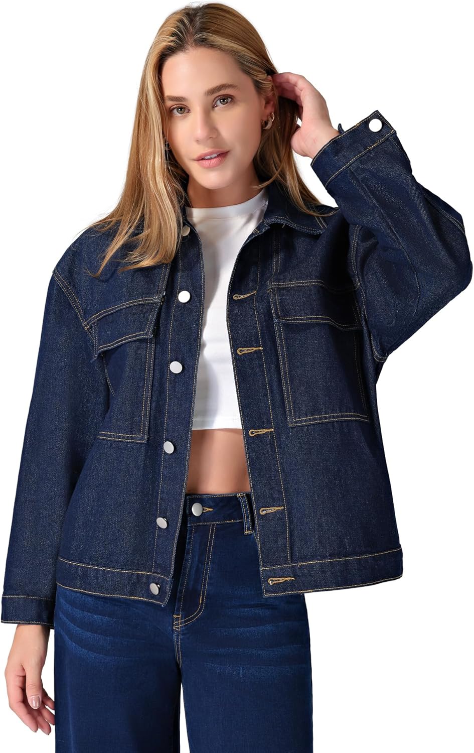 roswear Denim Jacket Coat for Women with Flap Chest Pockets Casual Oversized Jean Jackets