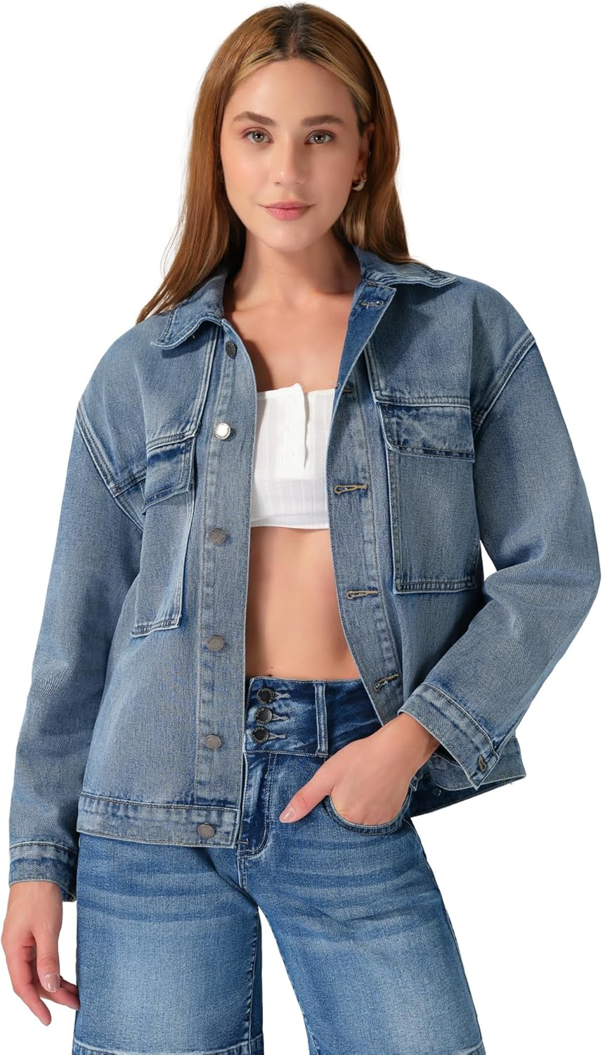 roswear Denim Jacket Coat for Women with Flap Chest Pockets Casual Oversized Jean Jackets