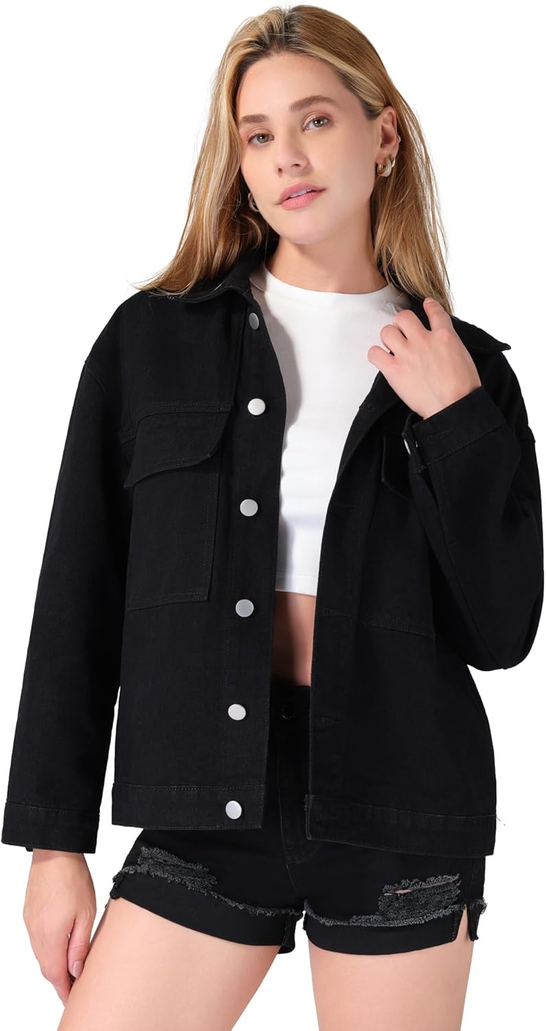 roswear Denim Jacket Coat for Women with Flap Chest Pockets Casual Oversized Jean Jackets
