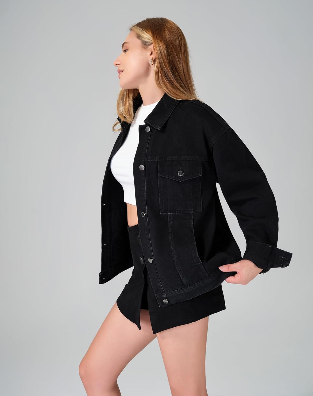 roswear Jean Jacket Women Oversized Long Sleeves Button Up Washed Denim Western Jackets Trucker Coat