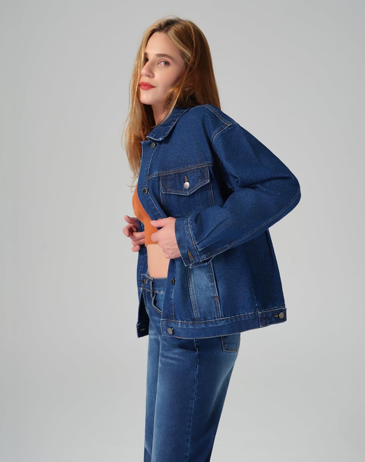 roswear Jean Jacket Women Oversized Long Sleeves Button Up Washed Denim Western Jackets Trucker Coat