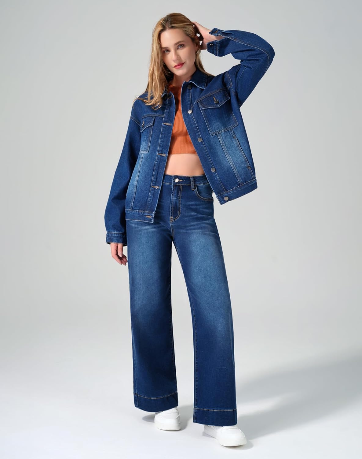 roswear Jean Jacket Women Oversized Long Sleeves Button Up Washed Denim Western Jackets Trucker Coat