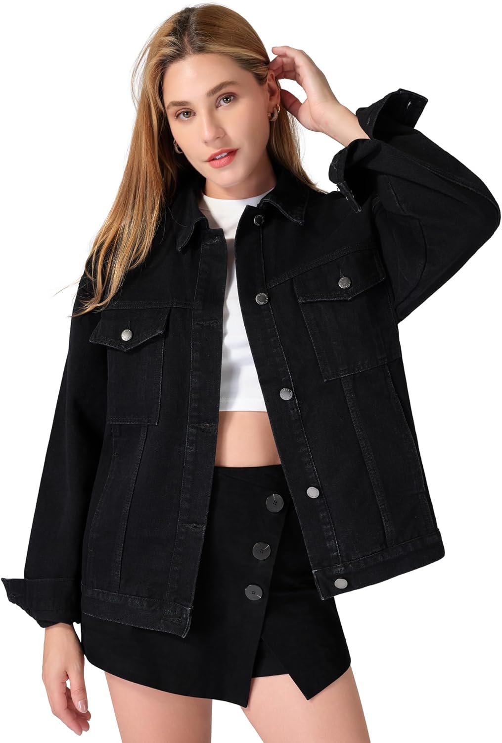 roswear Jean Jacket Women Oversized Long Sleeves Button Up Washed Denim Western Jackets Trucker Coat