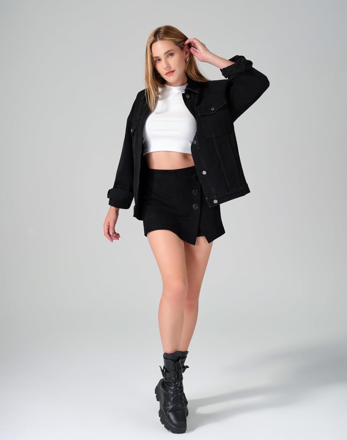 roswear Jean Jacket Women Oversized Long Sleeves Button Up Washed Denim Western Jackets Trucker Coat