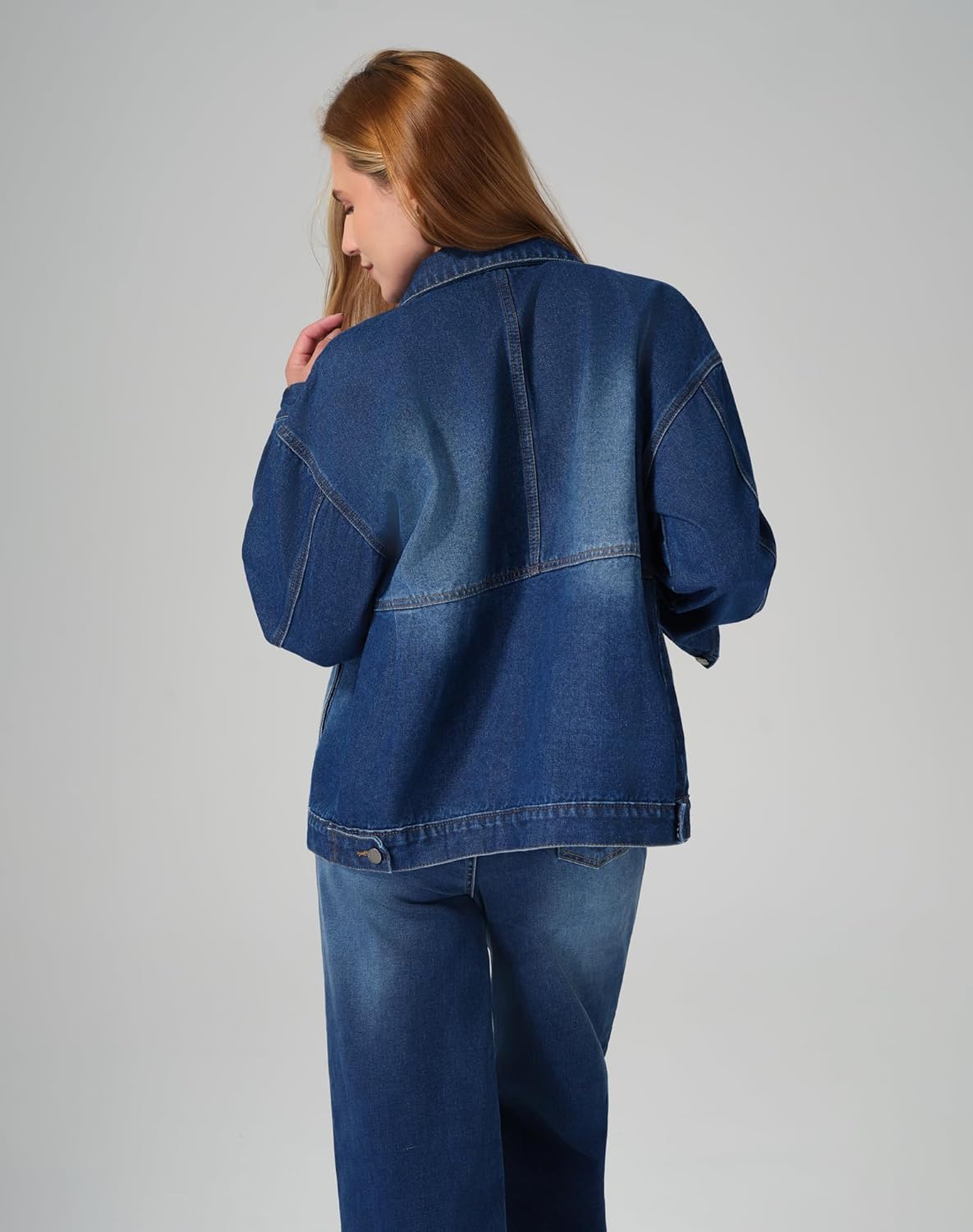 roswear Jean Jacket Women Oversized Long Sleeves Button Up Washed Denim Western Jackets Trucker Coat