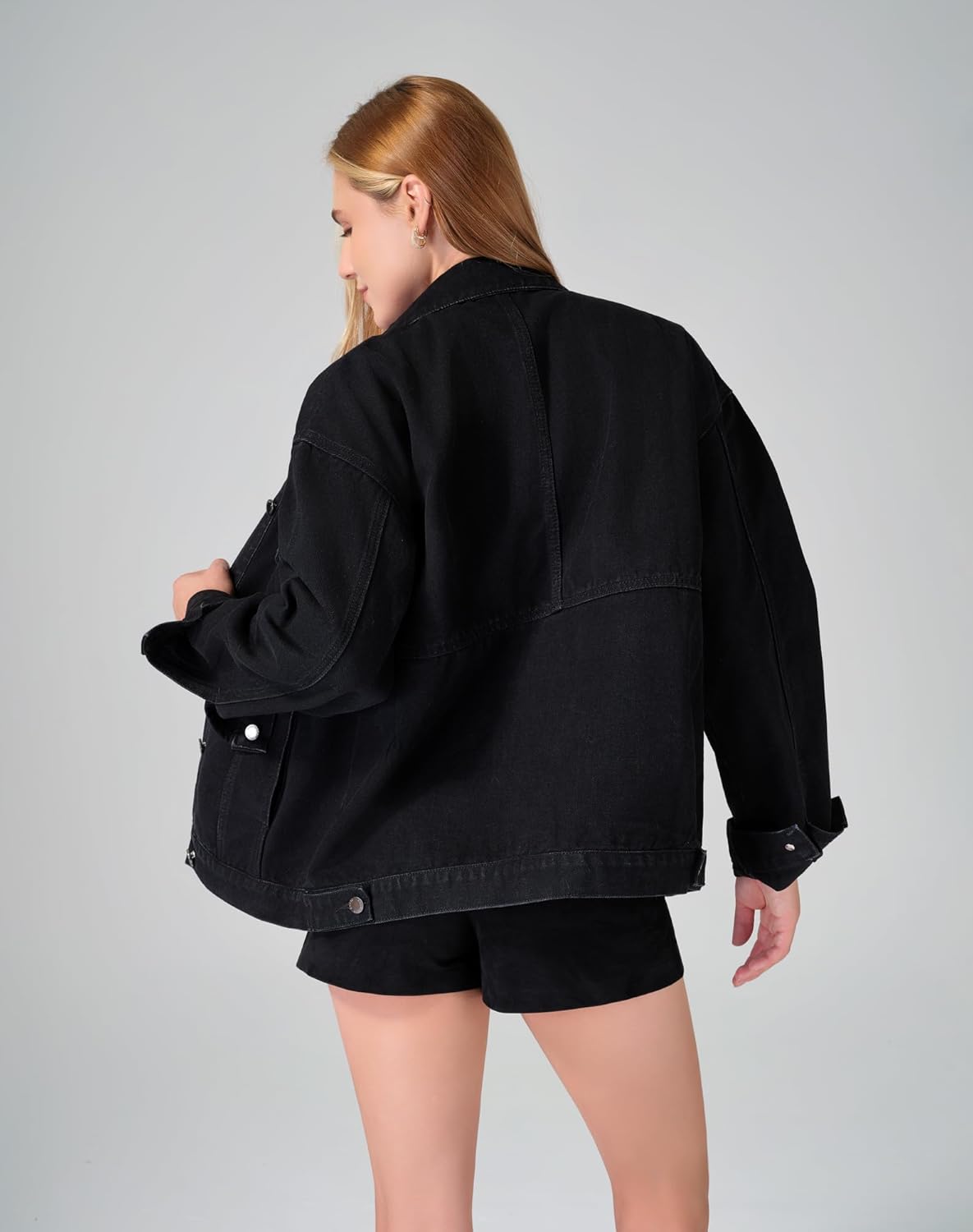 roswear Jean Jacket Women Oversized Long Sleeves Button Up Washed Denim Western Jackets Trucker Coat