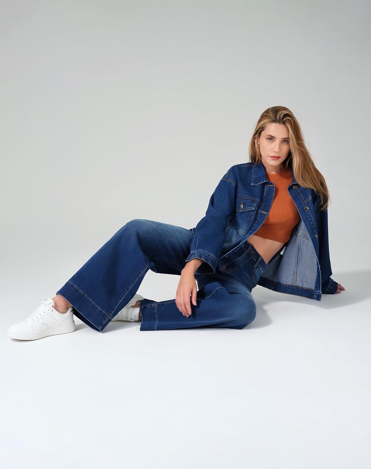 roswear Jean Jacket Women Oversized Long Sleeves Button Up Washed Denim Western Jackets Trucker Coat