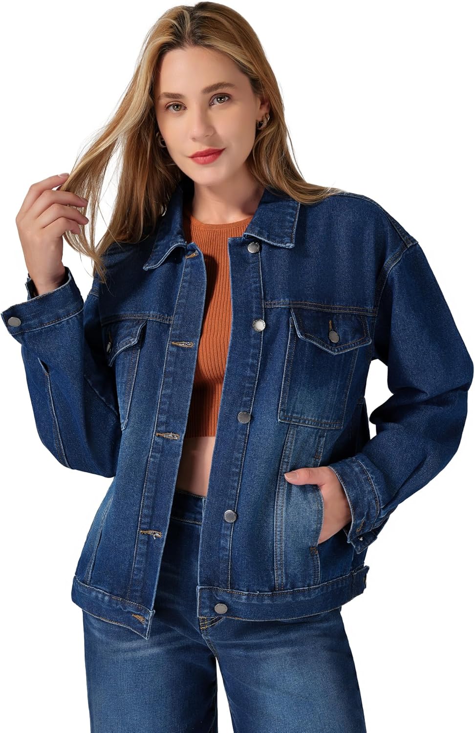 roswear Jean Jacket Women Oversized Long Sleeves Button Up Washed Denim Western Jackets Trucker Coat